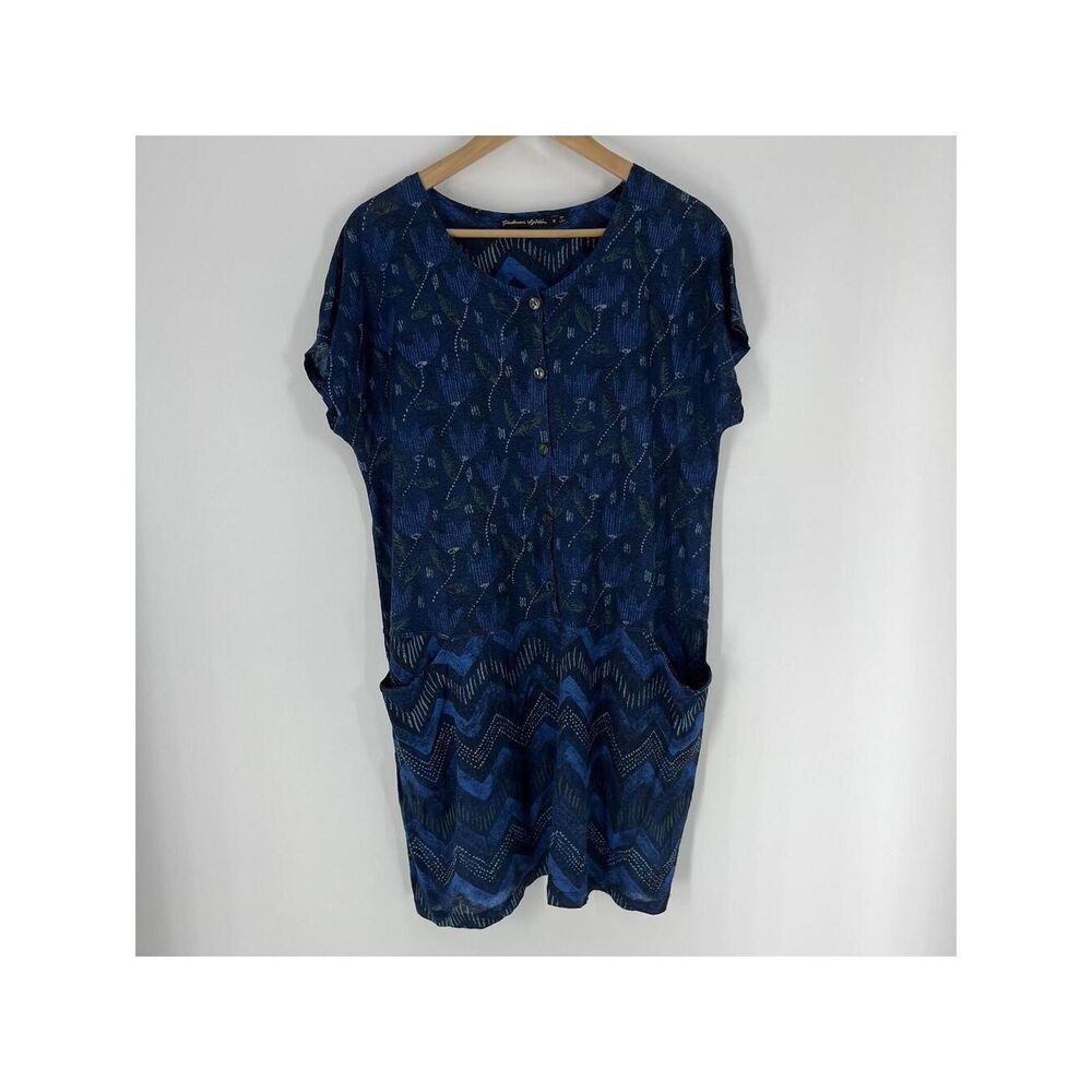 Gudrun Sjoden Dress Size Medium Blue Print Button Linen Pocket Shift Chevron